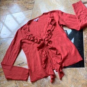 New York & Company ruffle front coral V-Neck cardi